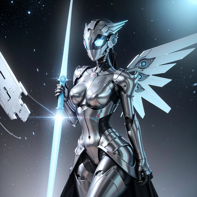 mechanical girl, Shiny metallic white skin,White metal and mechanical body parts, A metal cyber helmet with mechanical wings on the ears.,The face is completely covered by a shiny light blue visor., Large protruding chest armor，sexy body, Large, white, bird-like mechanical wings grow from his shoulder blades., [methodical, surgical precision],Cyberpunk style background,science fiction art style,bright colors,High resolution,Super detailed,realistic lighting effects,Bokeh, Holding a long, shiny light blue spear in his hand, In combat,
