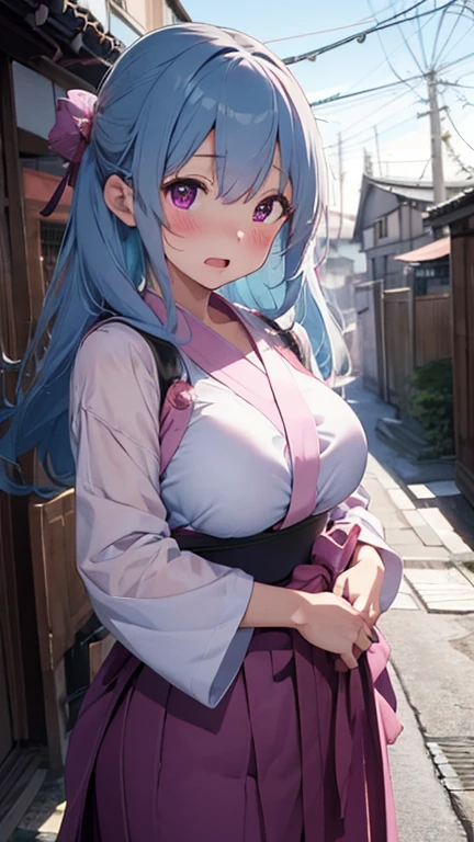 mastute piece,Best Quality,insanely detailed,8k cg,nsfw,
shoot upper body,(body in front:1.1),1girl,standing,looking at viewer,(pink samurai costume,purple hakama,katana),BREAK,blush,shy,ecstasy face,gasping,(trembling:1.2),light blue hair,break,open mouth,large breast,japanese old townscape,