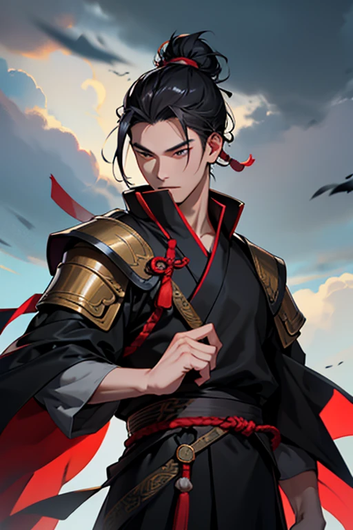 Half body of a chinese general, man, 21 years old, hair is tied in a bun, wearing black hanfu, armor and a black cloak, brave, proud, background is gray cloudy sky