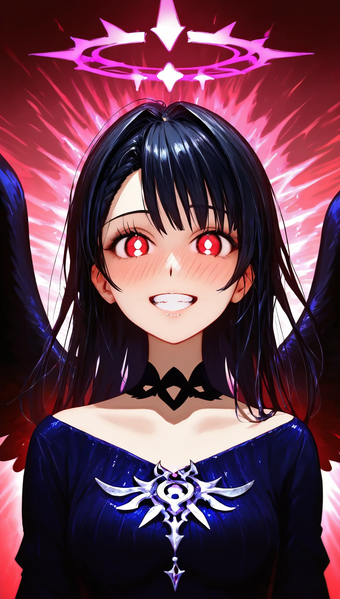 (best quality,4k,8k,highres,masterpiece:1.2),ultra-detailed,(realistic,photorealistic,photo-realistic:1.37),beautiful detailed eyes,beautiful detailed lips,extremely detailed eyes and face, long eyelashesDark Angel Olivia, Black purple halo, red wings, (see though Black bodysuit:1.5)bobcut, streaked hair, side swept bangs, quad tails,crazy, excited, full-face blush, (open mouth evil grin:1.5),, dynamic poses, Thrilling moments,Face in the Dark,Crazy face,glowing red eyes,Tongue,(Pure black background,Glowing eyes in the dark,dark tones:1.8)