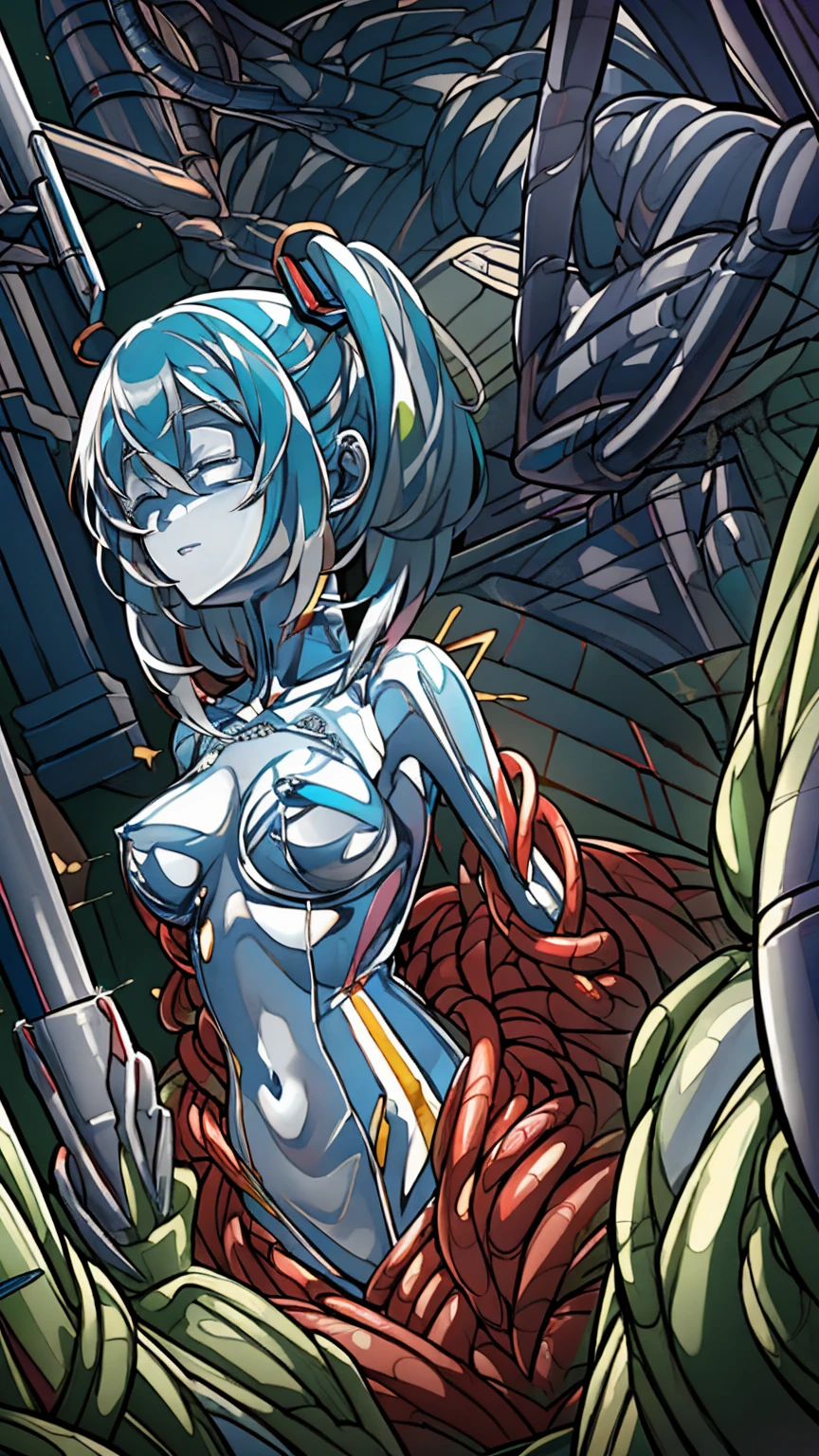 ((((masterpiece, 32K, high quality, very_high_resolution, large_filesize, full color)))), ((nsfw)), (((Hatsune Miku VOCALOID))), (twintails), ((long hair)), ((grey skin:1.4)), (silver metal hair), ((full nude)), upper body, (Limb restraints with arms outstretched), be taken in by a machin, ((Mechanical tentacles entwine around the body)), the body is part of the machine, fear and despair, both eyes closed, The body surface is dyed with a silvery film, silver skin, silver hair,restrained, (The machine takes in the girl), The lower body is assimilated with the machine, Ultimate physical beauty, ((inside the dark gundam cockpit)), (body glowing silvery), (super detailed skin), high resolution, anime style, (body_unite), (tentacles), (liquid metal girl)