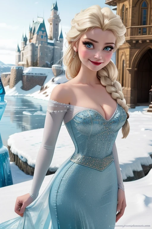 (masterpiece, best quality:1.2), Elsa, 1girl, solo, looking at viewer, blue dress, from frozen, cleavage, long white hair, blue skirt, blue eyes, sexy smirk, frozen castle, 