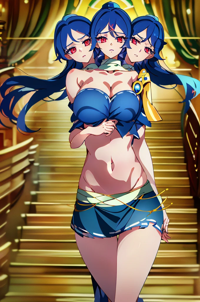 (masterpiece, best quality), best quality, (ultra-detailed), (3heads:1.5), 1girl, (Megumu Iizunamaru:1.3), masterpiece, best quality:1.5, highres, UHD), highres, absurdo, ultra detail, ultra quality, Ultra resolution, dark blue top, crop top, ((stomach)), midriff, ((groin)), dark blue skirt, normal ears, shackles, blue hair, very long hair, wavy hair, sidelocks, red eyes, detailed eyes, parted lips, single horn, sweat, cute, toned belly, hand on own chest, eyelashes, (24 year old woman:1.3), (masterpiece:1.5), (best quality:1.5), (beautiful detailed), extremely detailed CG, extremely delicate and beautiful, depth of field, (finely detailed face), (perfect details:1.2), (mature female:1.3), wide pelvis, slender, large veiny breast, 16k resolution, high quality, high definition, extremely detailed, masterpiece, blue hair, long hair, alluring presence, braid, short skirt, close up, big , young, blue tokin, golden pauldron,