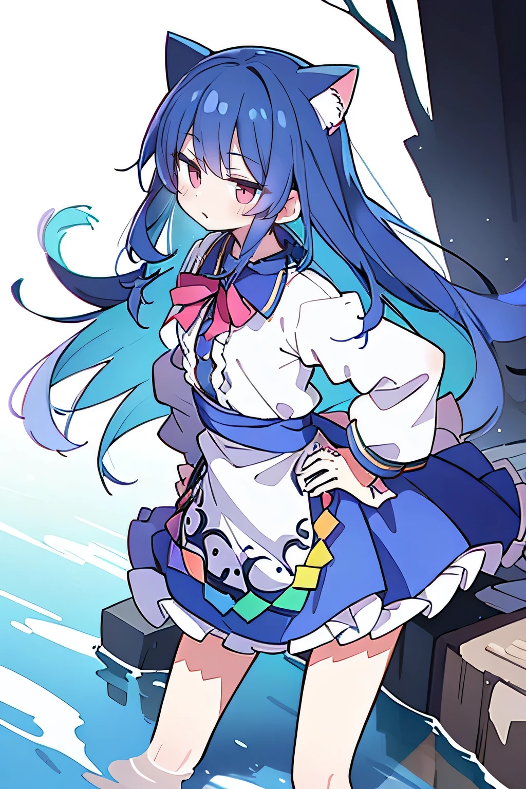 Anime girl with blue hair and a cat ears standing in the water - SeaArt AI
