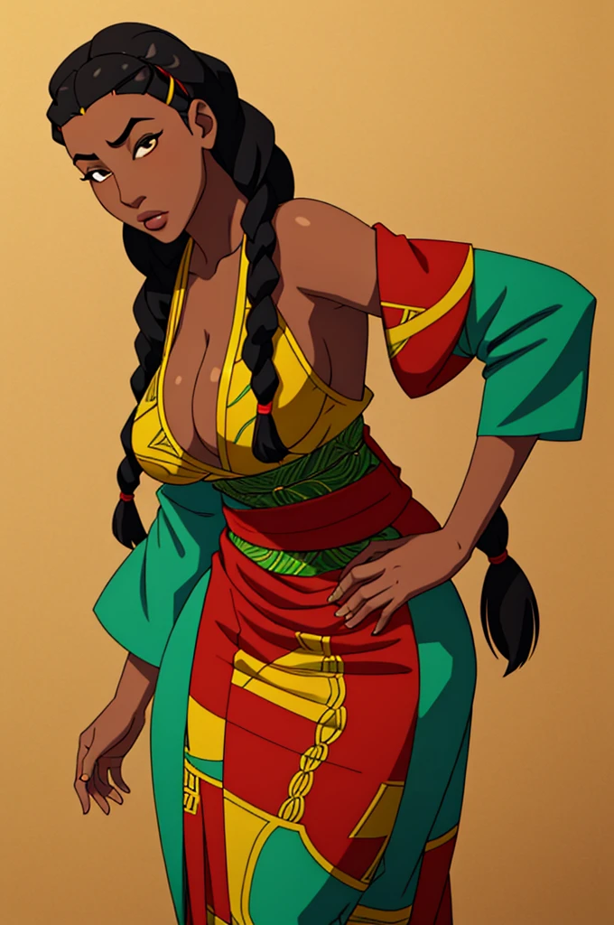 Beautiful lady who is Half African and half Japanese. Dark skin. Asian facial features. thick long hair in African braids. Wearing colorful Laplander outfit. ultra-thin-waist, ultra-wide-hips, large breasts.
