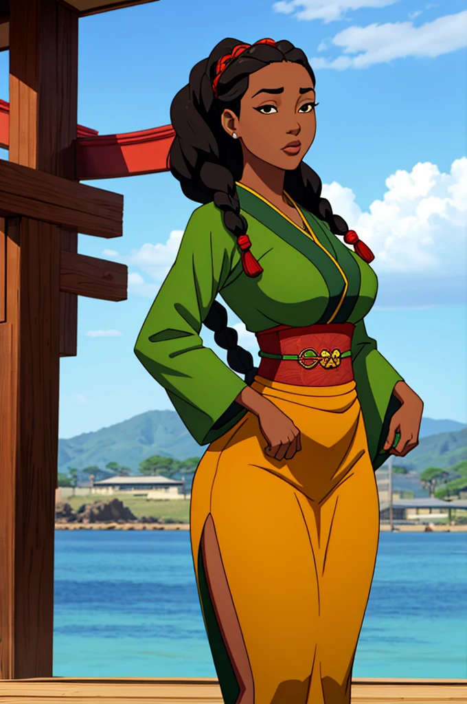 Beautiful lady who is Half African and half Japanese. Dark skin. Asian facial features. thick long hair in African braids. Wearing colorful Laplander outfit. ultra-thin-waist, ultra-wide-hips, large breasts.