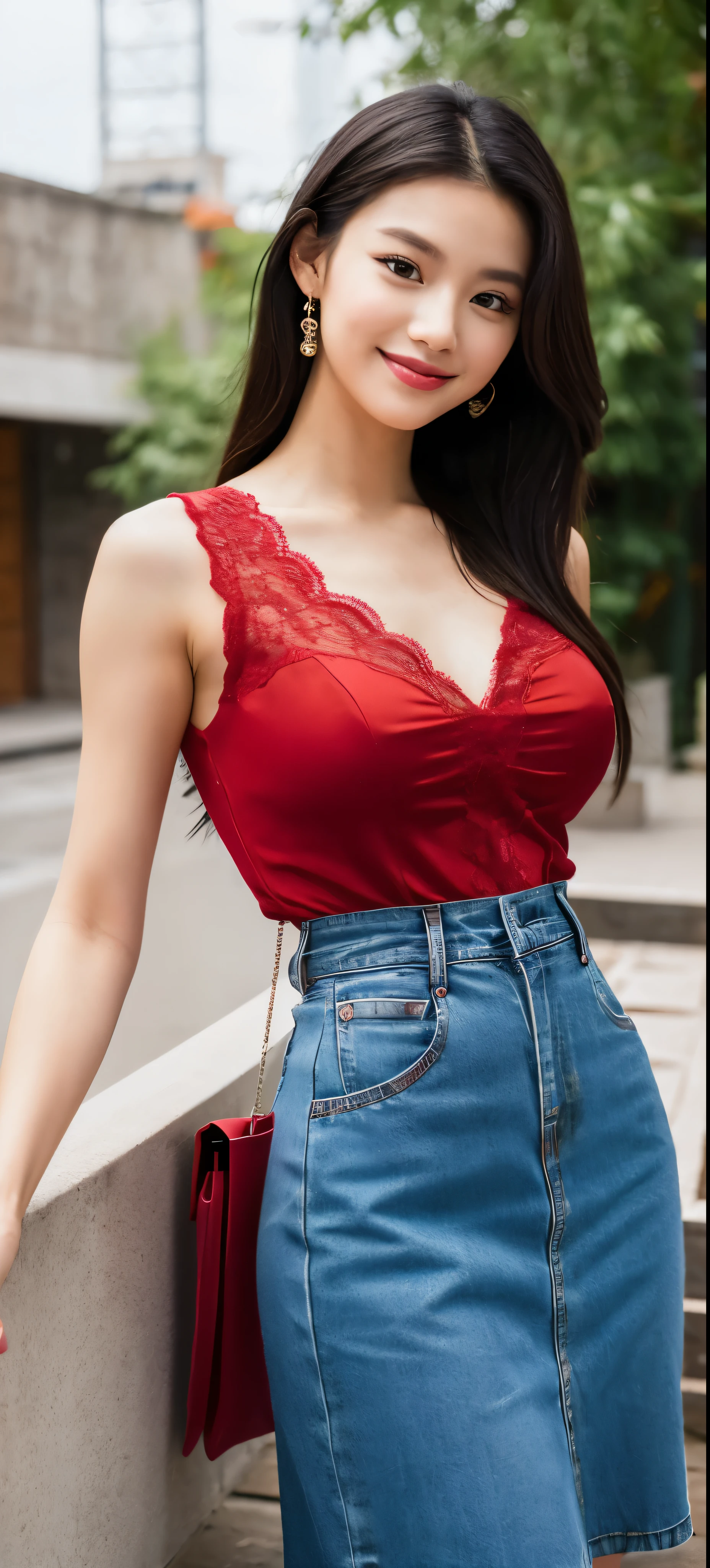 1girl,baiyi,large breasts,red lips,smile,ponytail,realistic, 1 girl, indonesian girl, 23 years old, (black hair super-long 1 meters), (very beautiful face, very sweet, sharp eyes like an angel from heaven ), (beautiful hair), actress, smile, shiny skin, best quality, masterpiece, (photorealistic:1.4), terrace seating, asian, indonesian, jakarta, denim long skirt (realistic fabric), white short sleeves (cotton fabric), (no logo), thin fingers, a woman in a red dress posing for a picture in a courtyard, a picture by Emma Andijewska, tumblr, tachisme, sexy gown, opened dress, wearing an elegant dress, fantasy long intricate gown, sexy dress, dressed beautiful gown, red gown, wearing a magnificent dress, dressed in red lace, translucent dress, extravagant dress, see through dress