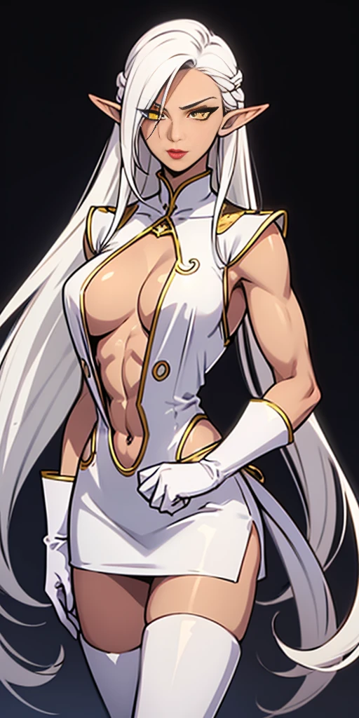 Pirotess, (yellow eyes), white hair, silver hair, very long hair, straight hair, solo, adult woman, tall, slightly muscular, large breasted, cleavage, constricted waist, Toned body, slight abs, thin dark skin, pointy ears, lipstick, makeup, black eyeshadow, circlet, white short dress, jewelry, bracelet, white gloves, thigh boots