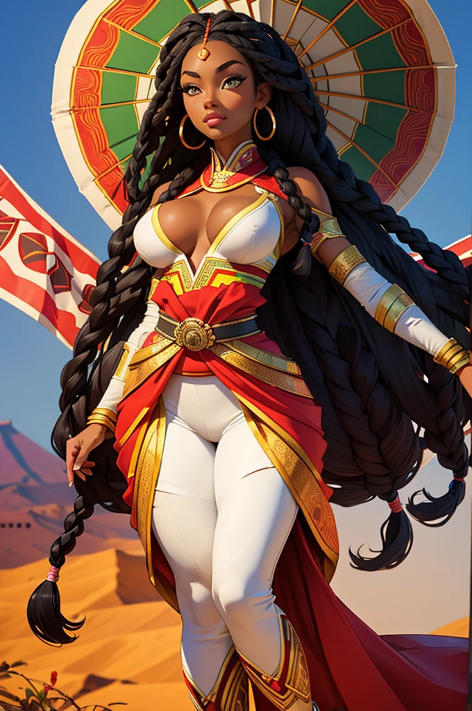 Beautiful lady who is Half African and half Japanese. Dark skin. Asian facial features. thick long hair in African braids. Wearing colorful Laplander outfit. ultra-thin-waist, ultra-wide-hips, large breasts.