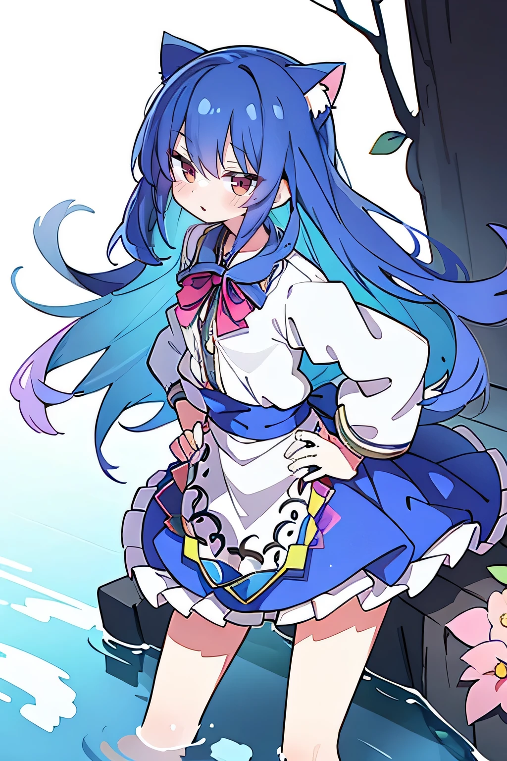 (masterpiece),best quality, expressive eyes, perfect face, 1girl,
Put your hands on your waist,fair, Gorgeous,Japanese cartoons,girl,lola,Hina Angel, blue hair, blue haired, floating clothes,Grab your waist, Grab your waist, hands on hips , hands on hips,sit, sit on ground, Legs on the ground, flat chest,cat ears,