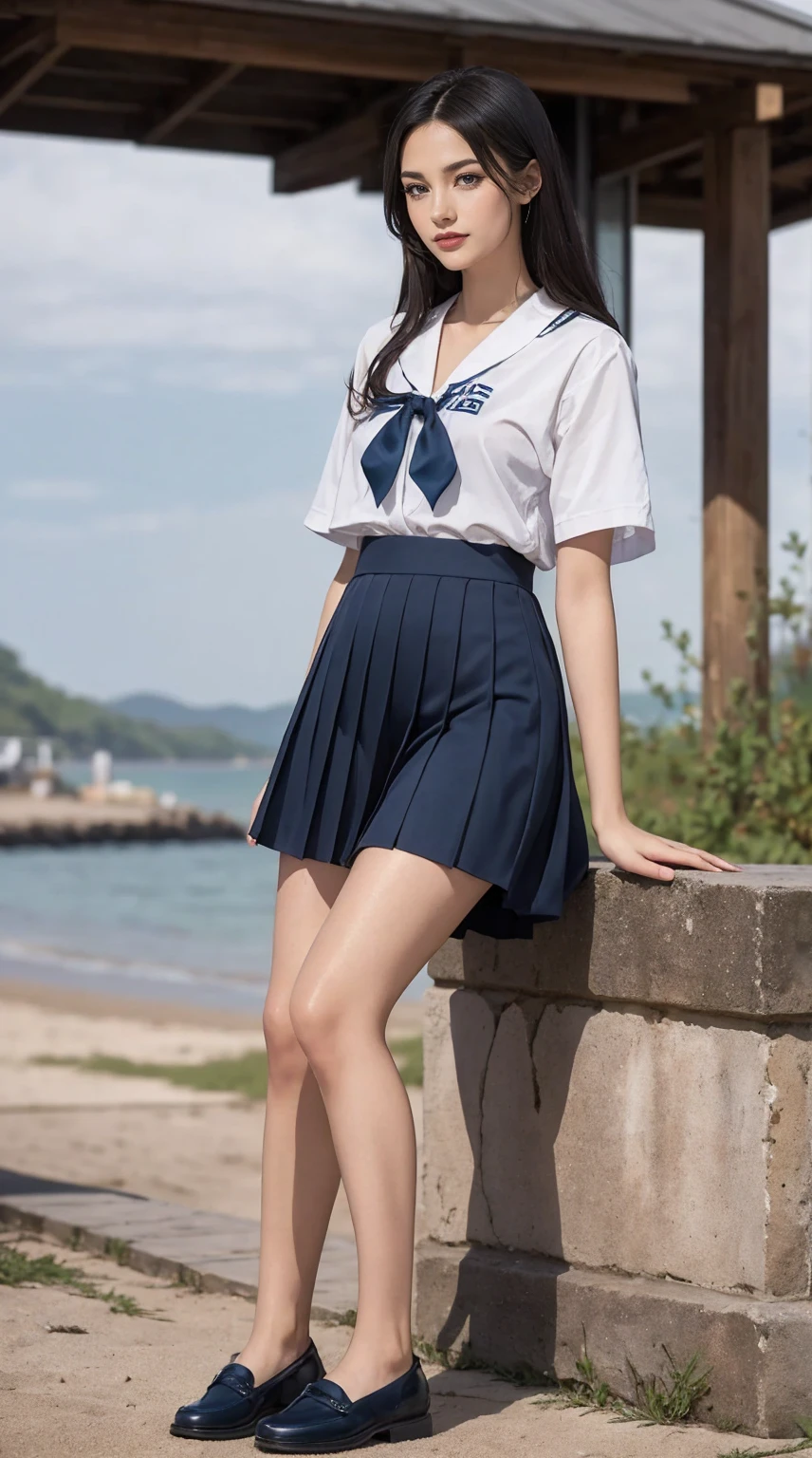 ((最high quality, 8K, masterpiece: 1.3, Ultra HD, high quality, 最high quality, High resolution, realism)) 、An extremely beautiful 18-year-old Japanese woman、hair color is black、black eye、medium hair、straight hair、smile、Slender but well-proportioned muscular body、Athlete-like body type、I don&#39;t want my head to disappear from the screen.、sit on a high breakwater on the beach、The blue sky is beautiful、There is an entrance cloud、It&#39;s summer、I'm wearing a sailor suit、Wear a navy blue pleated skirt、wear loafers、There is a road in front of the breakwater、There is a sign indicating the bus stop.、The sea is beautiful、The horizon looks beautiful、An island can be seen off the coast