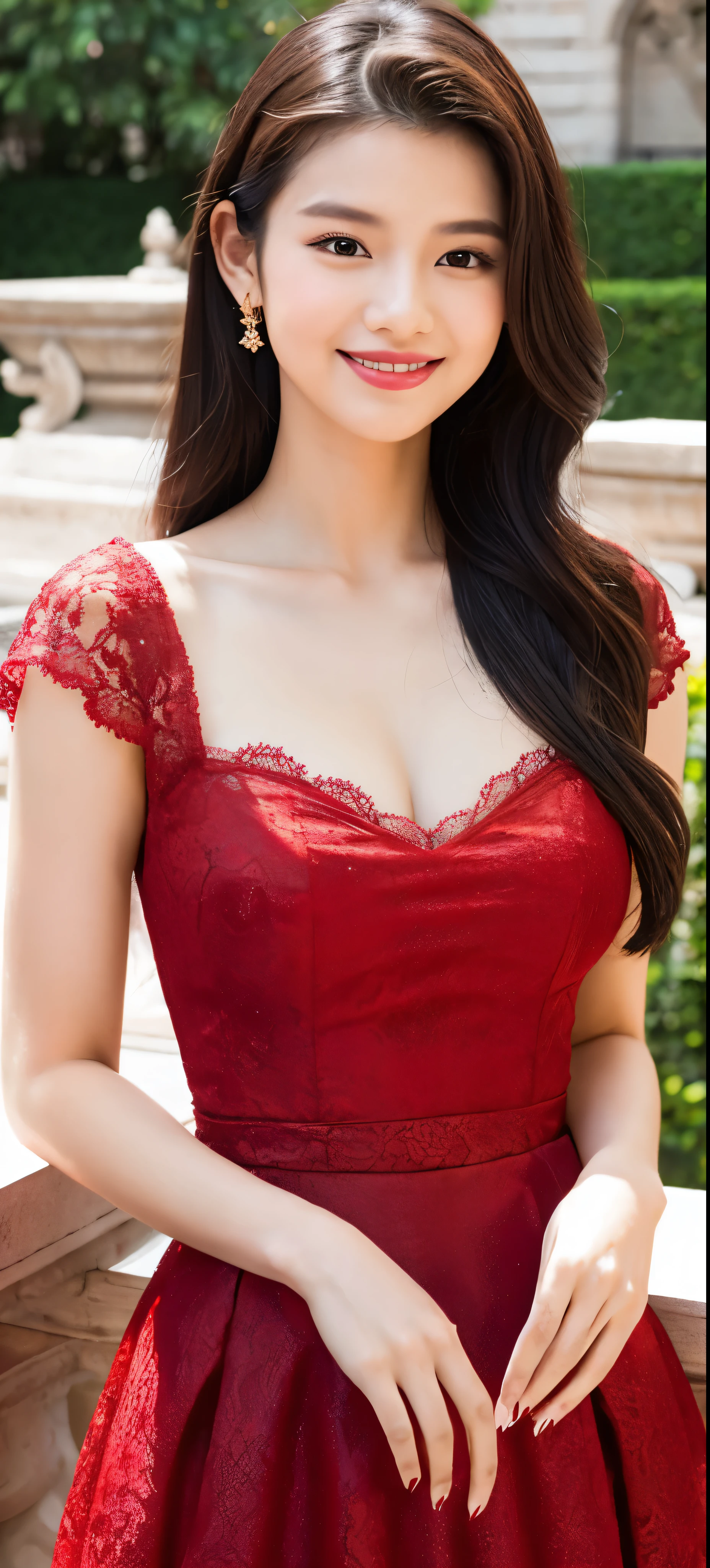 1girl,baiyi,large breasts,red lips,smile,ponytail,realistic, 1 girl, indonesian girl, 23 years old, (black hair super-long 1 meters), (very beautiful face, very sweet, sharp eyes like an angel from heaven ), (beautiful hair), actress, smile, shiny skin, best quality, masterpiece, (photorealistic:1.4), terrace seating, asian, indonesian, jakarta, denim long skirt (realistic fabric), white short sleeves (cotton fabric), (no logo), thin fingers, a woman in a red dress posing for a picture in a courtyard, a picture by Emma Andijewska, tumblr, tachisme, sexy gown, opened dress, wearing an elegant dress, fantasy long intricate gown, sexy dress, dressed beautiful gown, red gown, wearing a magnificent dress, dressed in red lace, translucent dress, extravagant dress, see through dress