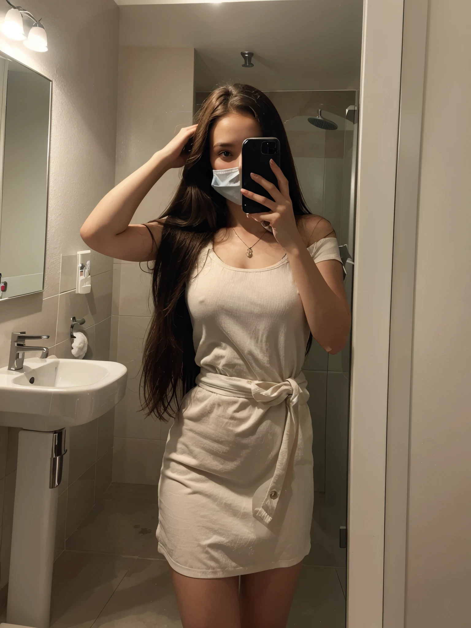 Una chica quitandose foto enfrente de un espejo , let the background be a nice bathroom, that the girl has long, brown hair and that she covers her face with the phone when taking the photo, 