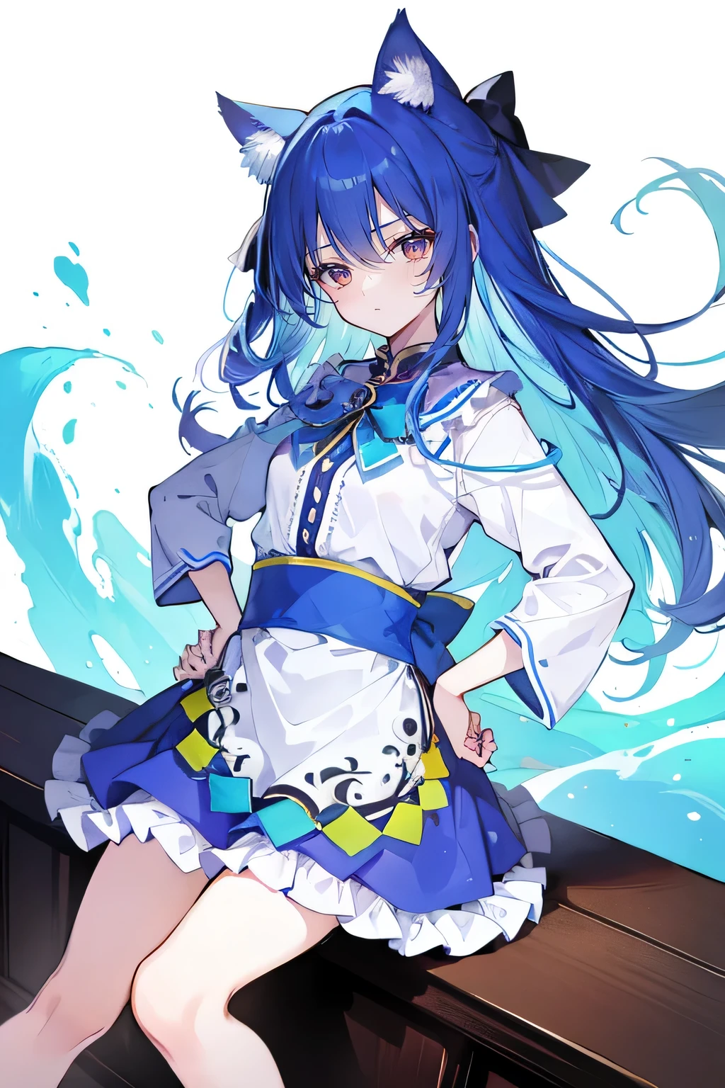 (masterpiece),best quality, expressive eyes, perfect face, 1girl,
Put your hands on your waist,fair, Gorgeous,Japanese cartoons,girl,lola,Hina Angel, blue hair, blue haired, floating clothes,Grab your waist, Grab your waist, hands on hips , hands on hips,sit, sit on ground, Legs on the ground, flat chest,cat ears,