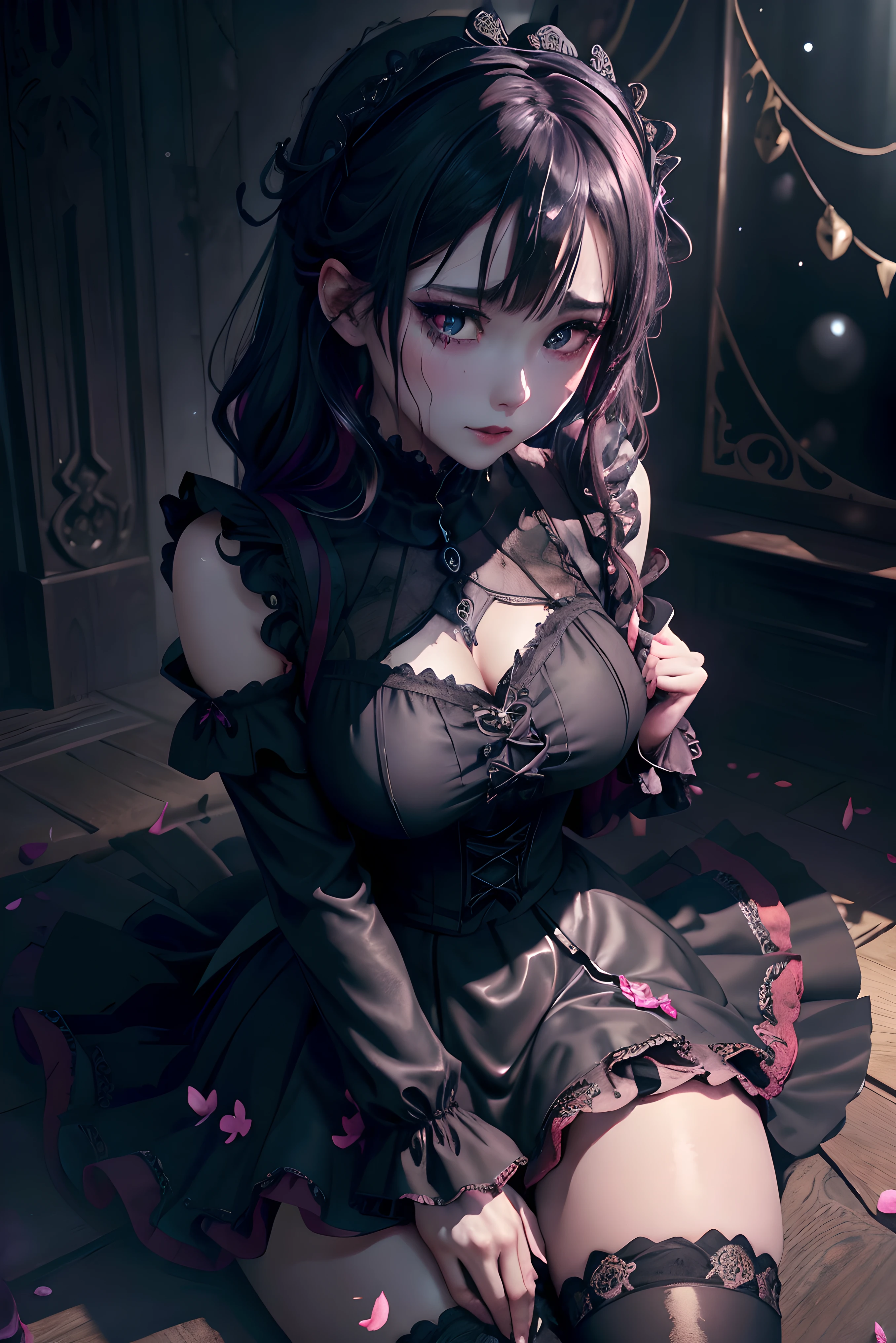 Hard Dark Gothic Makeup、Maniacal、Deep night sky、horor、Black Dark Eyeshadow、crying how bright、mourn、Good skin luster、Dark Gothic Makeup、Dark smile、Restless Palace、Expressions of sexual arousal、Fragrant beauty、22year old、Lying、seductiv、Strong sexual pleasure facial expressions、A look of shame、Dark Gothic、Gothic lolita、bell sleeves、Wizard Sleeve、Obscene look、Stained glass background、masutepiece、Best Quality、Refers to 5 books、Sweat glitters on my chest、Expression of sexual pleasure in anguish、Drunken face、maid clotheysterious、noble、Face holding back the toilet、the body is wet and shiny、Transcendent sex appeal、Lots of glitter on the thighs、I'm sweating a lot、Affectionate smile、twin-tail hair、my thighs are so wet、jet black ruffle skirt、blue eye on the right, Red eye on the left、Gothic bed covered with roses、Transcendent Bewitching Pose、stick out buttocks、knee high socks、thigh-high socks、A lot of sweat and stickiness on the thighs、Lots of sticky shiny thighs、Sweat shining generously on the thighs、The whole body is shiny with sweat、platform heel shoes、Quite sweaty、My thighs are sweaty、heavy make up、Breast size is modest、black lipstick、stain glass、black metal world、sloppily open your legs、Beauty the world、sit on a bed of roses、Goth clothes、put your hair up、A little slender、pretty dark pink hair、Long hair straight hair、cute gothic lolita dress、beautiful face、