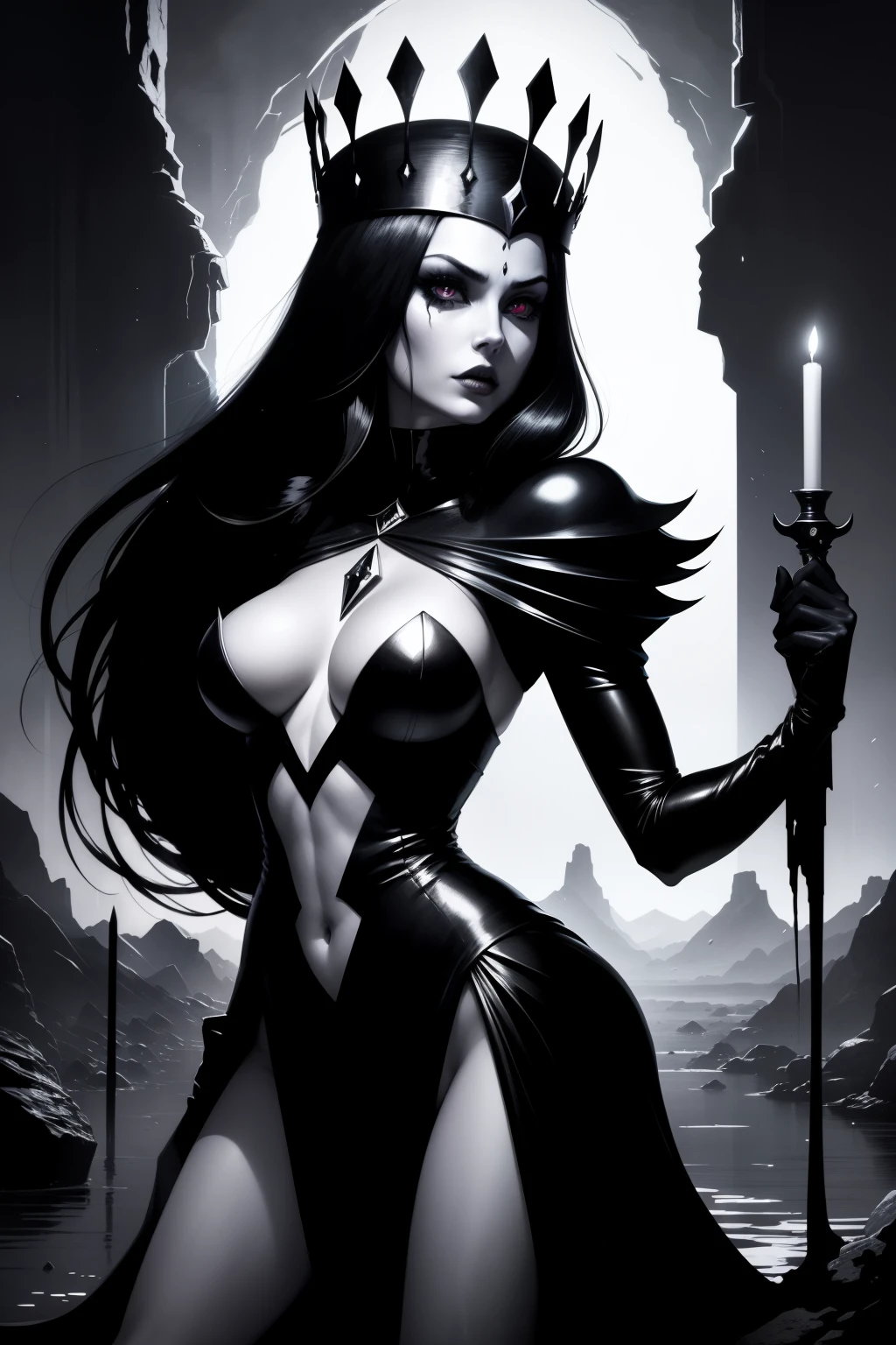 In the depths of a black and white comic book, emerges the presence of the best quality artwork. It showcases a putrefying cadaveric queen, known as the queen of the night. With a haunting and scary character, she wears a black crown adorned with rubies, reflecting a sinister elegance. Her clothes are silver like moonlight, cascading around her like a spectral shroud. Her long black hair flows like a river of darkness, contrasting against her deadly gaze that pierces through souls. Standing in a mountainous landscape, surrounded by rivers of blood, she possesses a perfect silhouette that embodies both beauty and terror.