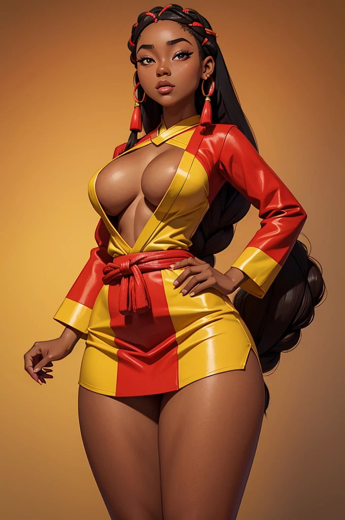 Beautiful lady who is Half African and half Japanese. Dark skin. Asian facial features. thick long hair in African braids. Wearing colorful Laplander outfit. ultra-thin-waist, ultra-wide-hips, large breasts.
