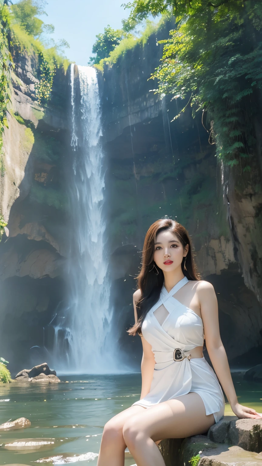 Beautiful Girl, Korean makeup, Red lips, big breasts, medium body, wrap a towel, body towel wrap, thigh, sit, lakes, ngồi trên hòn đá giữa hồ, (((cảnh quang hồ nước giữa rừng, waterfall,)))