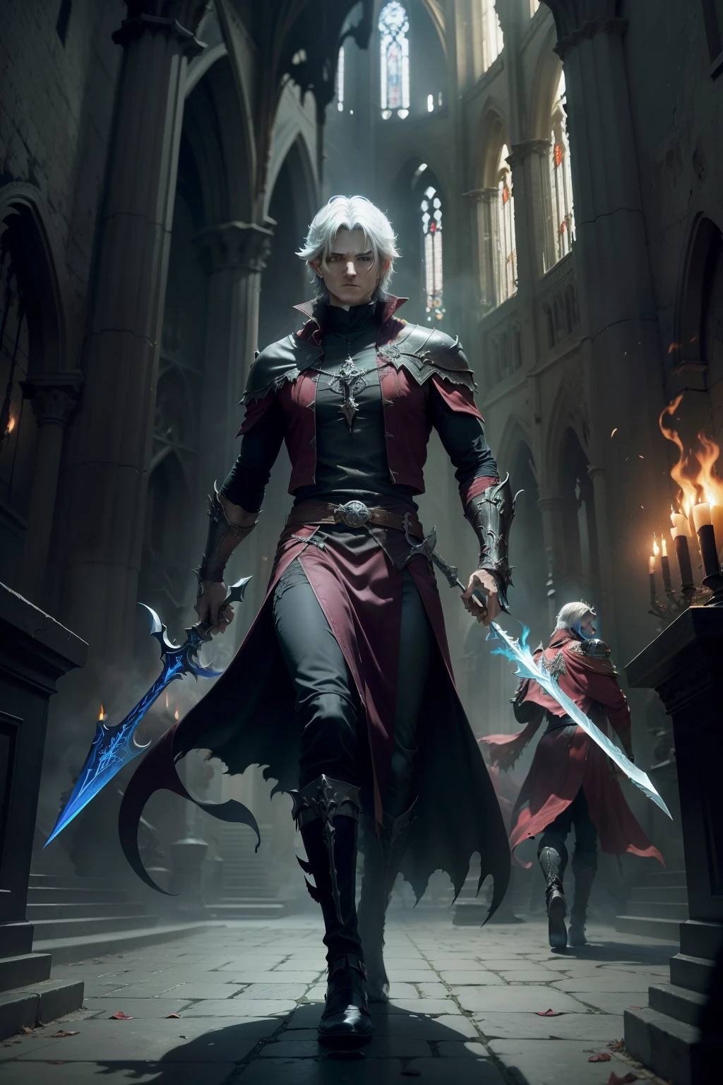 In the heart of the night, a Gothic cathedral crumbled, its once majestic stones now weathered and worn. Within the shadows, Dante stood firm against the onslaught of relentless demons. His sword gleamed in the ethereal light cast by flickering candles, the only source of illumination in the forsaken place. The demons, twisted forms of dark energy, snarled and howled, their eyes burning with an otherworldly fire.

Dante's determined expression betrayed no fear as he wielded his weapon, parrying and striking with a dancer's grace. The battle raged on, the cathedral trembling with each