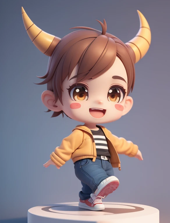 (Masterpiece), (Best quality), (Super detail), (Whole body :1.2)bonitinho 3d render, arte digital detalhada bonito,A boy, Short hair,No long hair, Horn protruding, brown horn,Chibi, Cute, boy, smile, open mouth, sports, street dance, jumping pose, blush, :3, shirt, blush stripe stickers, long sleeves, sneakers, (Short hair), (eyes),(Brown horns on the head)
message