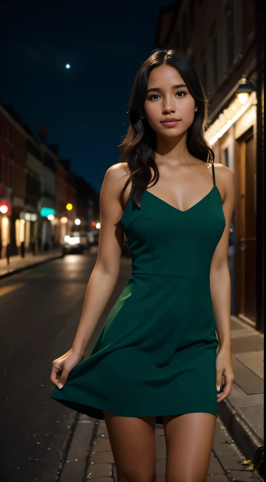 Foto hiperrealista en primer plano de Kelsey Asbille (native American ((light dark skin))), masterpiece, best quality, full body (green dress1.2), heels, woking on the old European street, during the night, night cinematic darkness light, cinematic light, beautiful woman, photo oh whole person, cinematic light, beautiful woman, skinny, large breasts, straight black hair, detailed face, smile, photo taken from a distance