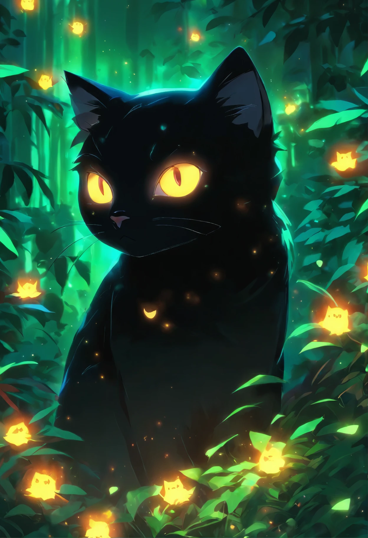 there is a black cat that is sitting in the bushes, a digital painting by Yang J, trending on cgsociety, conceptual art, 🌺 cgsociety, beautiful illustration, cat in the forest, cute detailed digital art, beautiful digital illustration, with glowing eyes, cat. digital painting, jen bartel, anime cat, anime visual of a cute cat, glowing eyes everywhere