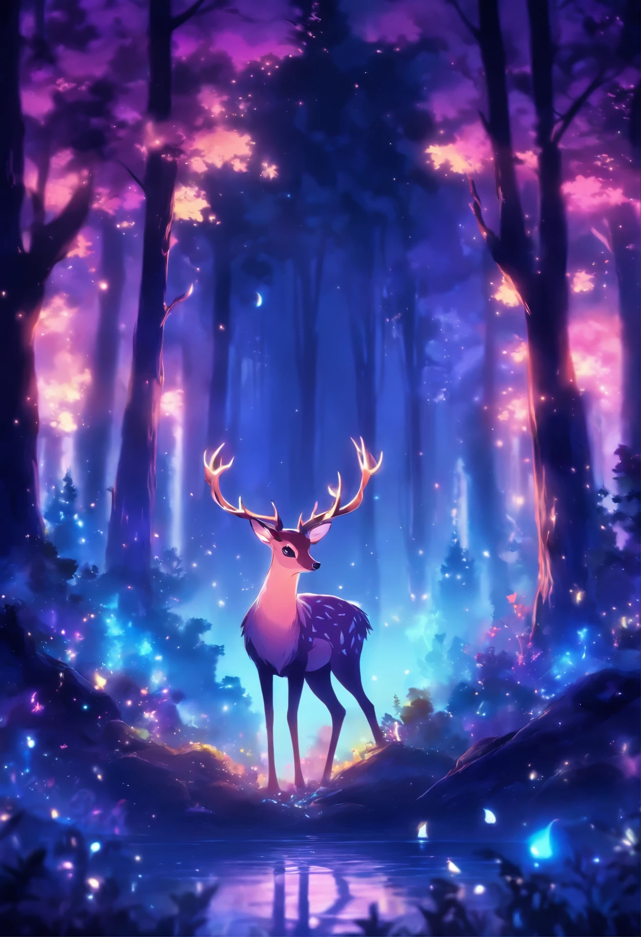 a painting of a deer in the woods with a crescent, calm night. digital illustration, ✨🕌🌙, night in the forest, in the forest at night, in a forest at night, night forest, the moonlit dance of the fae, ori and the blind forest, hollow knight concept art, moonlit forest environment, moonlit forest, forest spirit