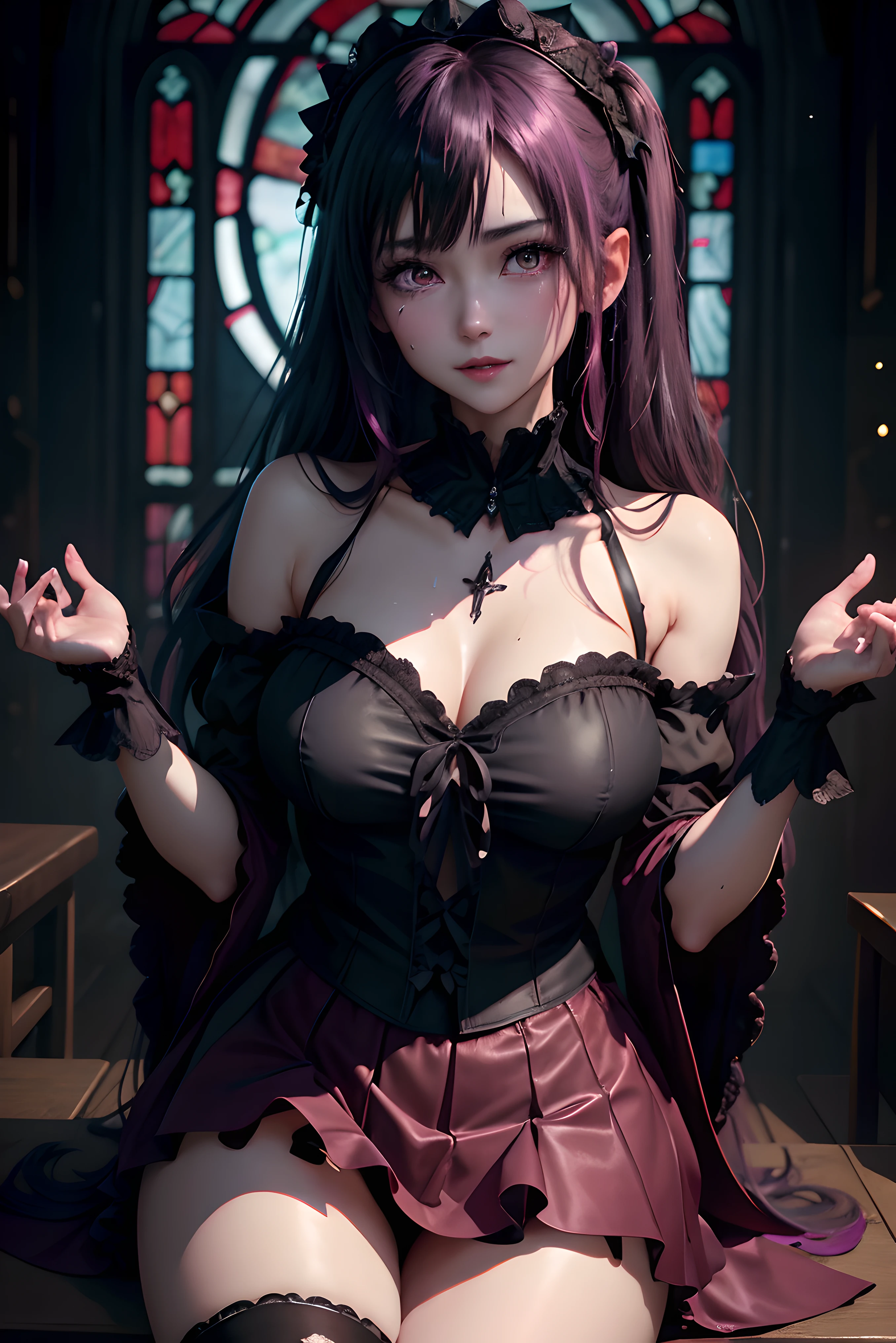 Hard Dark Gothic Makeup、Maniacal、Deep night sky、horor、Black Dark Eyeshadow、crying how bright、mourn、Good skin luster、Long hair straight hair、Dark Gothic Makeup、Dark smile、Restless Palace、Expressions of sexual arousal、Fragrant beauty、22year old、Lying、seductiv、Strong sexual pleasure facial expressions、A look of shame、Dark Gothic、Gothic ta、bell sleeves、Wizard Sleeve、Obscene look、Stained glass background、masutepiece、Best Quality、Refers to 5 books、Sweat glitters on my chest、Expression of sexual pleasure in anguish、Drunken face、maid clotheysterious、noble、Face holding back the toilet、Flirty gothic clothes、the body is wet and shiny、Transcendent sex appeal、sloppily open your legs、Glitter on thighs、I'm sweating a lot、Breast Size Medium、Affectionate smile、twin-tail hair、bright pink hair、The thighs are quite wet、Jet black ruffled mini skirt、