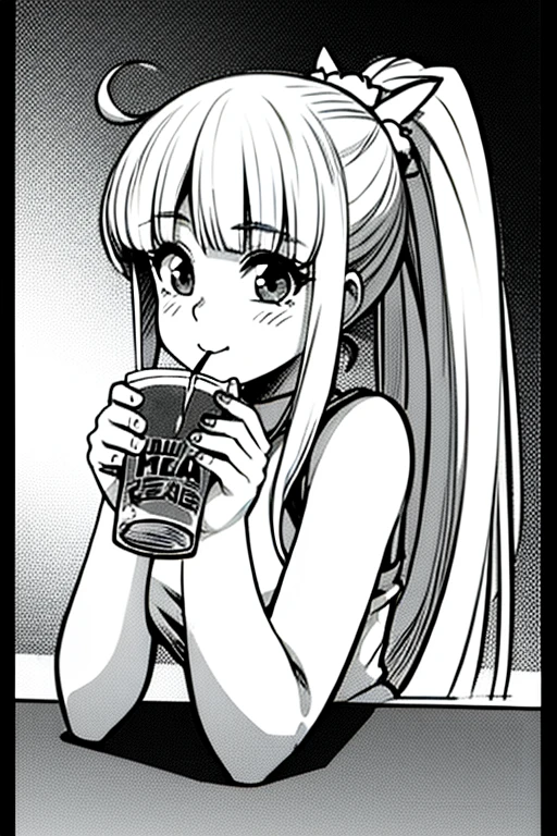 anime girl, drinking michelada, bar background, long hair, blunt bangs, hime cut, ponytail, very long hair, wince, happy, bloom, 85mm, super detail, anatomically correct, high quality, award winning, highres, HD