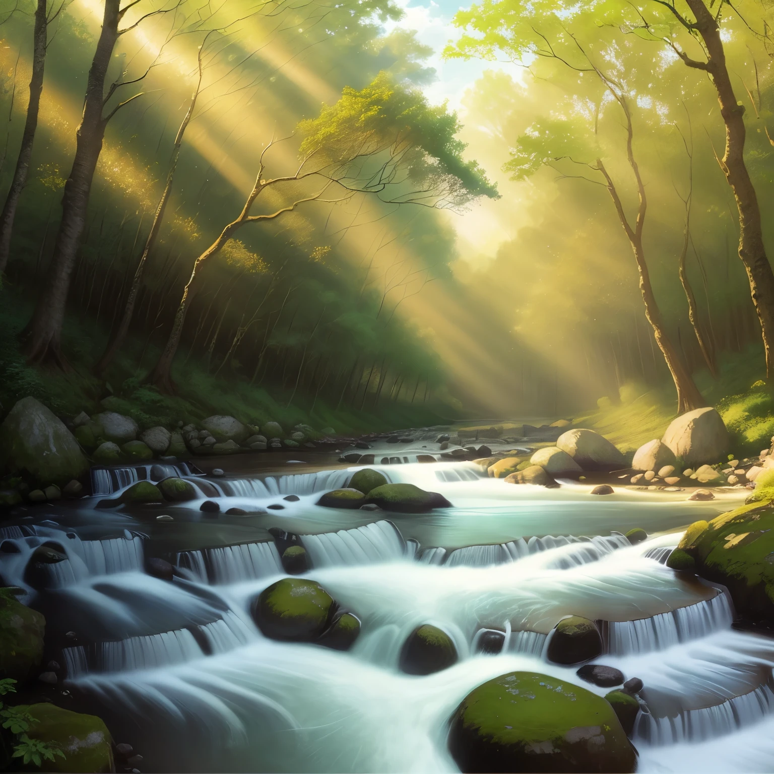 Forest river sunny day, realistic
