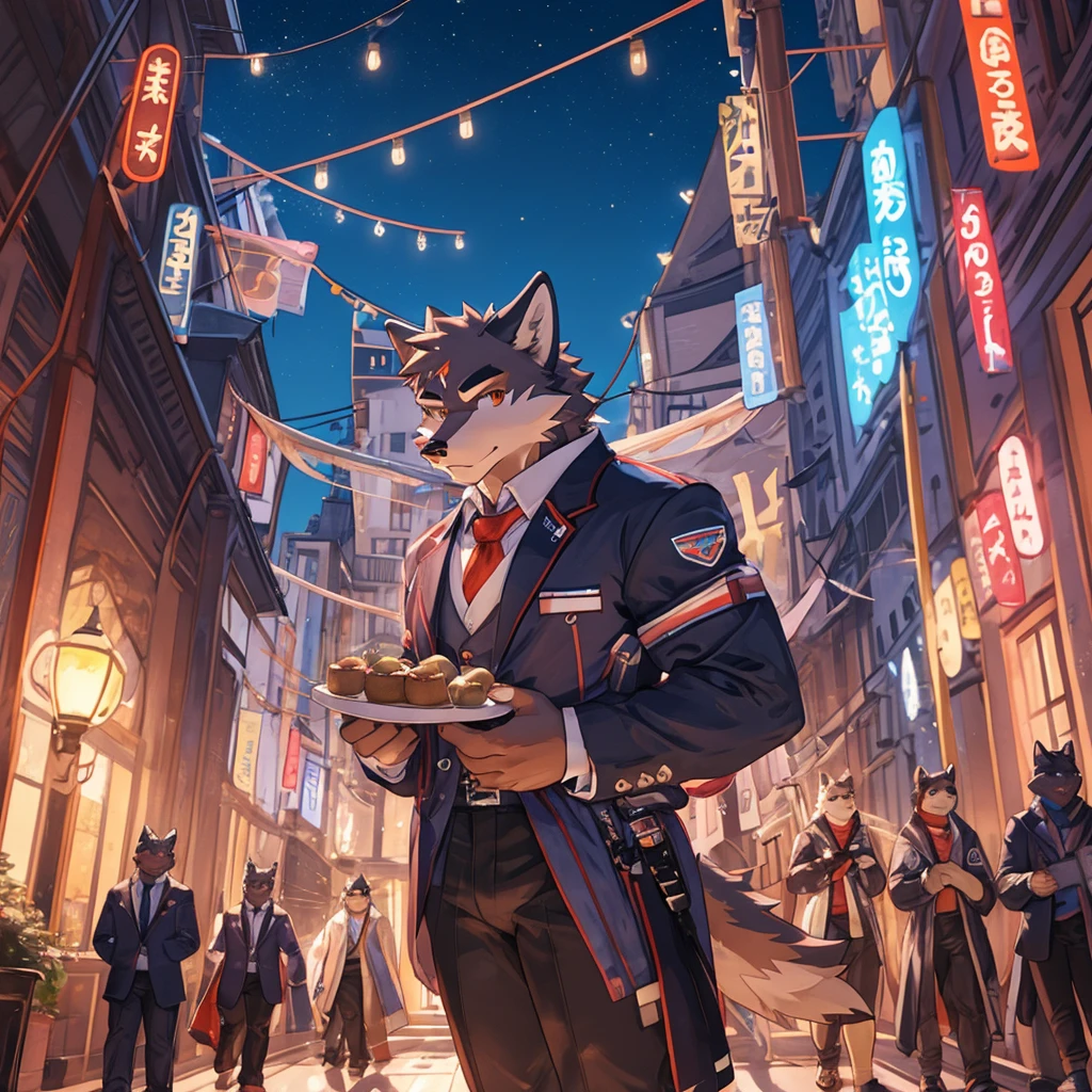 Wolf, muscle men, suit, city, holding food