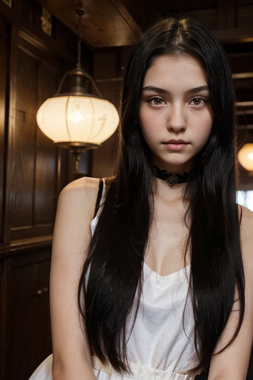 A very beautiful 17 year old girl with long, straight black hair. She has natural violet eyes and a light complexion. Her heritage is half Russian on her mother's side and Japanese on her father's side. She is a slim girl and tall, around 5-foot 10-inches. Her style is gentle gothic, but studious.
