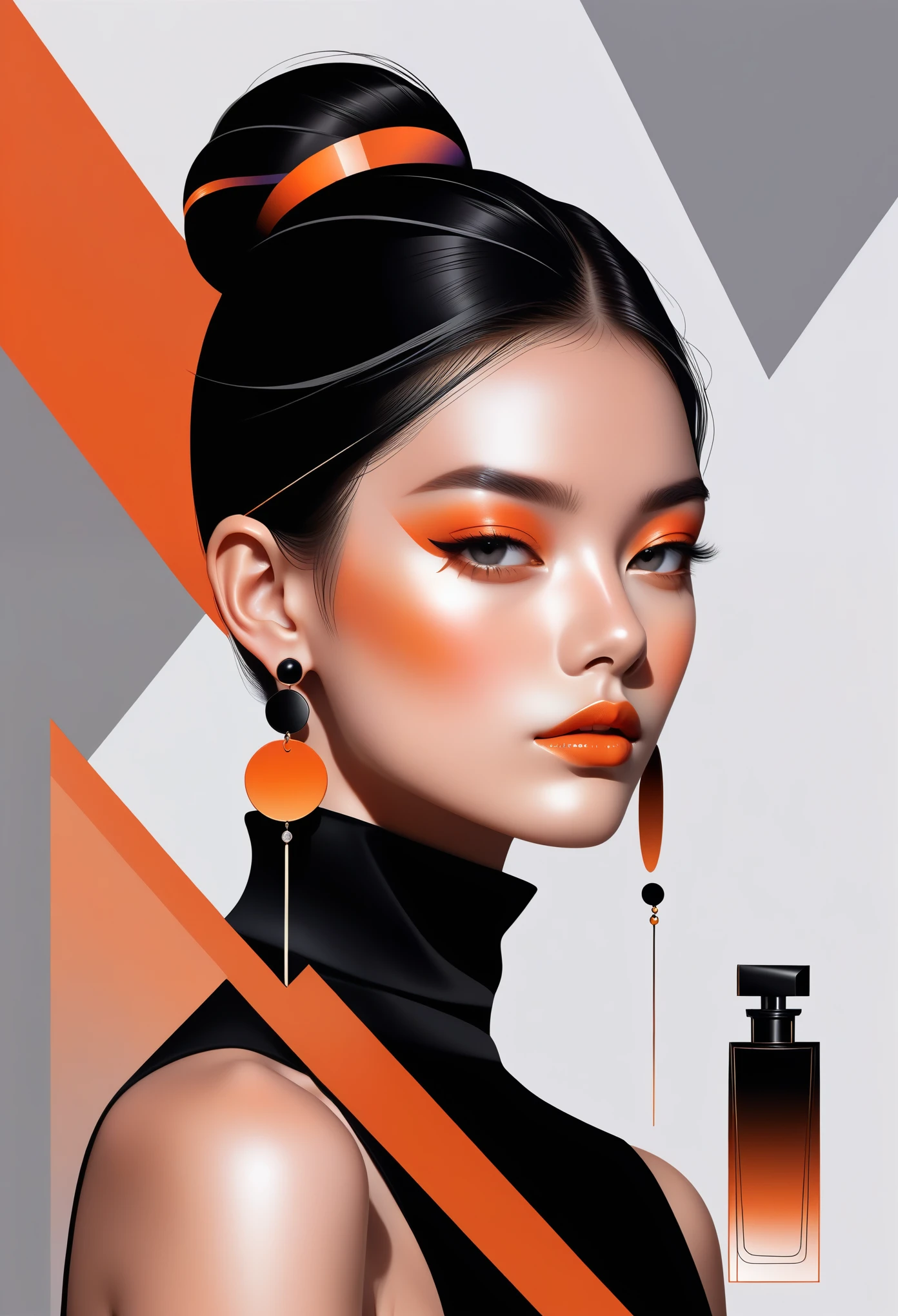 (((vector，flat form style，illustration，数字艺术illustration)))，1 girl，Unique，pretty face，earrings，portrait，Shoulder，Black high neck，Geometric gradients，gradient lines，artistic conception，Abstract，Minimalism，minimalist lines，portrait，gray and orange colours，Rhythmic lines，A perfume bottle