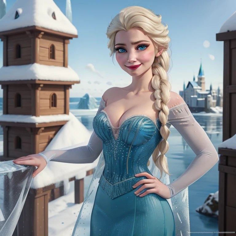 (masterpiece, best quality:1.2), Elsa, 1girl, solo, looking at viewer, blue dress, from frozen, cleavage, long white hair, blue skirt, blue eyes, sexy smirk, frozen castle, 