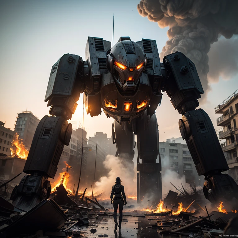 (highest quality、4K、High resolution、master piece: 1.2)、Super detailed、real: 1.37、Natural light、Portrait、surreal colors、futuristic style、Crumbling cityscape、Overgrown vegetation、Foggy atmosphere、Contrasting shadows、tattered clothes、A strong and confident gaze、Abandoned Objects、desolation、Destroyed building silhouette、vivid graffiti、Empowering pose、hair fluttering in the wind、Expressive facial features、unforgettable beauty、Dramatic sky、eerie clouds、intricate details、urban decline、post-apocalyptic setting、Ruins in nature 、Majestic Skyline、Desperate struggle、Creepy Presence、Thought of power、強化されたThought of power、intensity of emotions、Tense atmosphere、heroic attitude、intense action、Fearless Determination、Survival from all odds、Dangerous landscapes、Iconic battle、cinematic composition、epic showdown、A moment frozen in time、mysterious aura、fortitude、Women&#39;s Support、strong female protagonist、Fascinating story、Women's power、Fierce determination、Empowering Stories、Behind her is a huge(The invader&#39;s mech is on fire and about to collapse.:1.3)