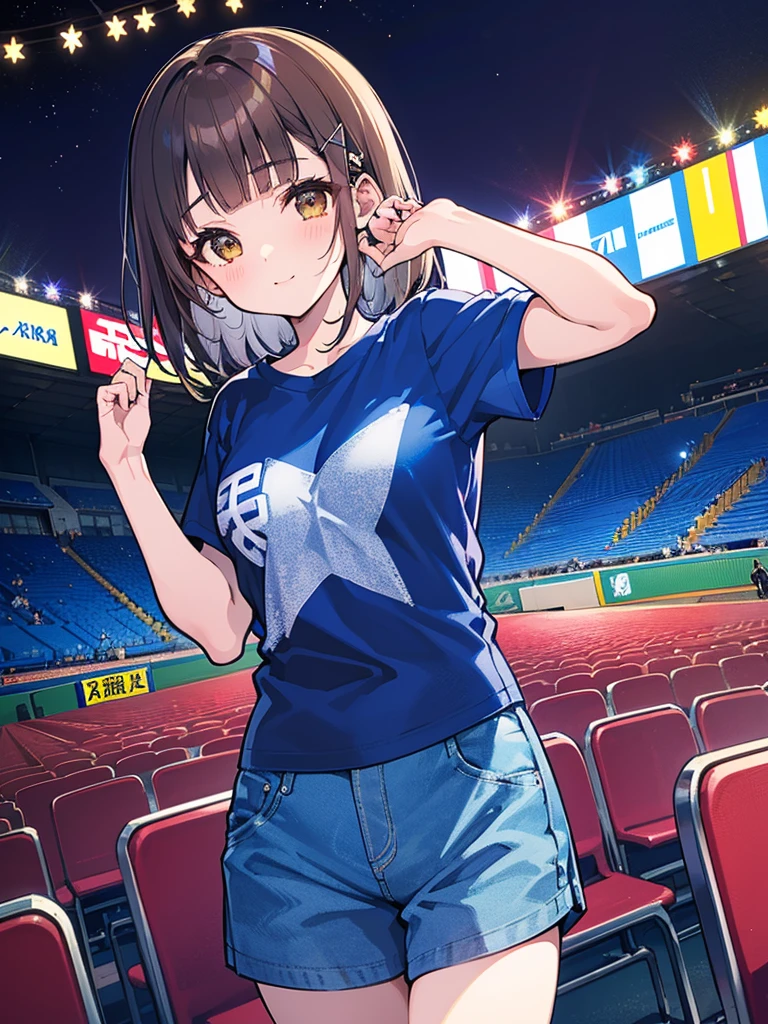 YOKOHAMA DeNA Baystars, 1 beautiful girl, (solo), wink, ((Blunt bangs)), brown hair, brown eyes, medium hair, ((silver-star-hairpin on her right bang)), ((blue stripe T-shirts)), (indigo buruma:1.5), buruma, Uniform no.7, Left Wing Seats at the baseball stadium, excitement, punch, looking forward, (TOKYO DOME), cowboy shot,
