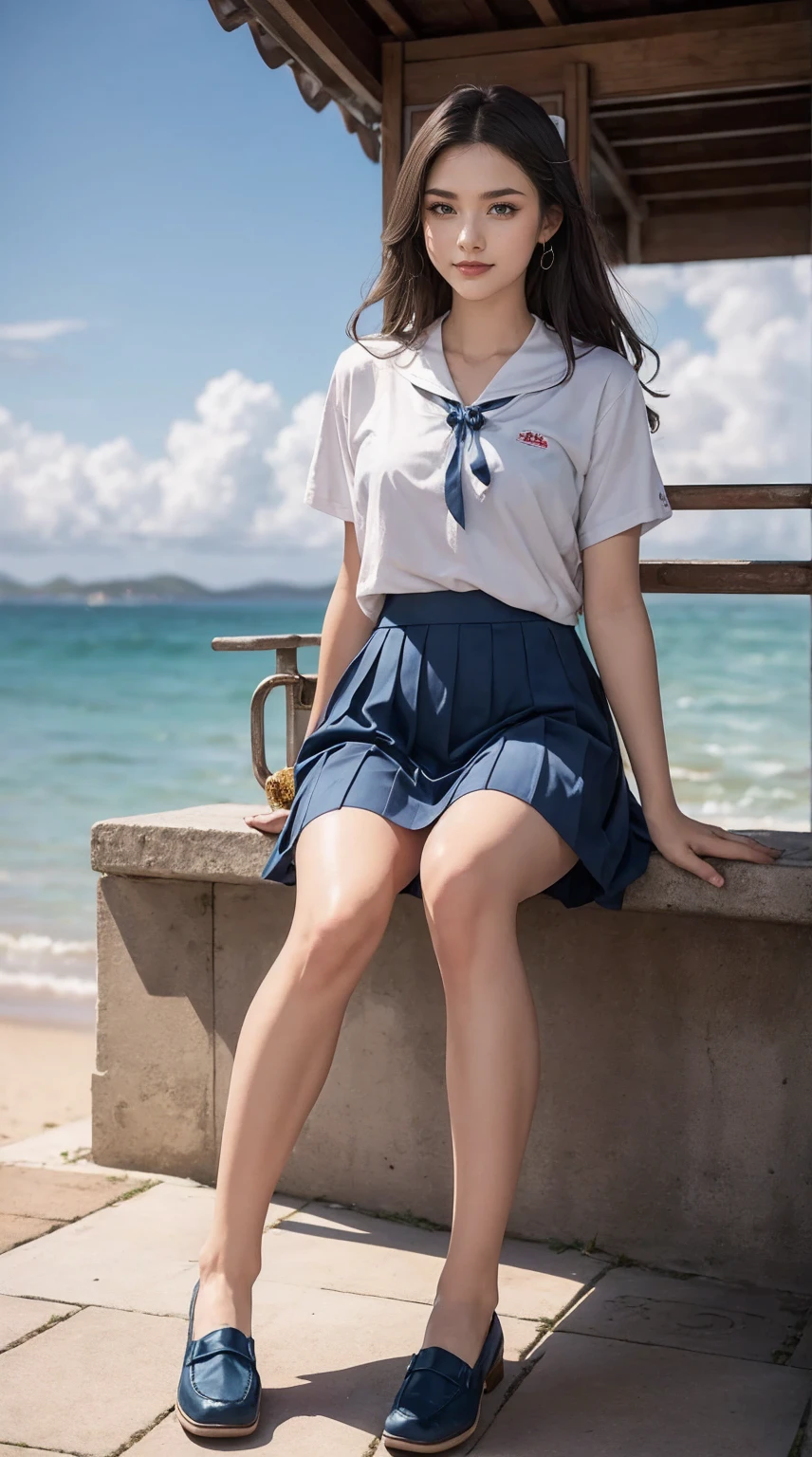 ((最high quality, 8K, masterpiece: 1.3, Ultra HD, high quality, 最high quality, High resolution, realism)) 、An extremely beautiful 18-year-old Japanese woman、Hair color is light brown、black eye、medium hair、straight hair、smile、Slender but well-proportioned muscular body、Athlete-like body type、I don't want my head to disappear from the screen.、sit on a high breakwater on the beach、The blue sky is beautiful、There is an entrance cloud、It's summer、I'm wearing a sailor suit、Wear a navy blue pleated skirt、wear loafers、There is a road in front of the breakwater、There is a sign indicating the bus stop.、The sea is beautiful、The horizon looks beautiful、An island can be seen off the coast、Smile