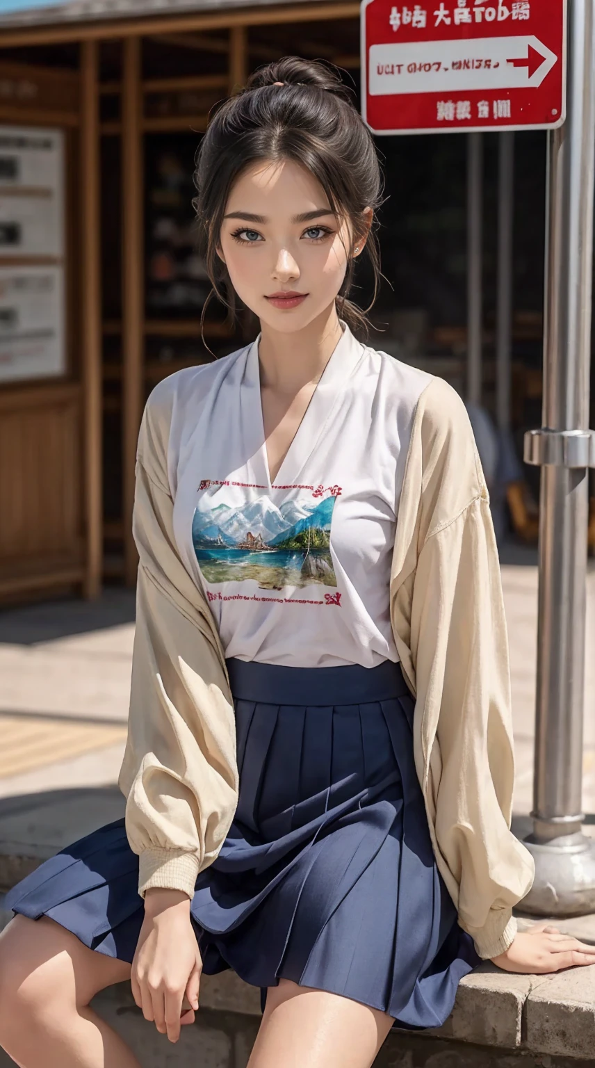 ((最high quality, 8K, masterpiece: 1.3, Ultra HD, high quality, 最high quality, High resolution, realism)) 、An extremely beautiful 18-year-old Japanese woman、Hair color is light brown、black eye、medium hair、straight hair、smile、Slender but well-proportioned muscular body、Athlete-like body type、I don't want my head to disappear from the screen.、sit on a high breakwater on the beach、The blue sky is beautiful、There is an entrance cloud、It's summer、I'm wearing a sailor suit、Wear a navy blue pleated skirt、wear loafers、There is a road in front of the breakwater、There is a sign indicating the bus stop.、The sea is beautiful、The horizon looks beautiful、An island can be seen off the coast、Smile