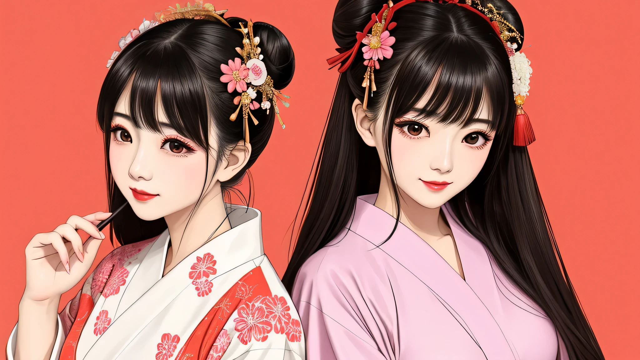 Each has a different expression２People and sisters、(２ girls）、｟Dancing traditional performing arts gracefully)、((big breasts、small face、not exposed))、highest quality、masterpiece、（black hair、Bun Hair）、brown eyes、｟wide angle、Angle from above, from the waist up、Pause on the magazine cover、Each person has a different perspective when looking into the distance｠、(８K high quality、masterpiece、High resolution、Realistic and beautiful light and shadow、(highest quality)、(high resolution)、(very delicate and beautiful)、(beautiful 8k face)、(Close your eyes while smiling、Beautiful eyes)、(Transparent skin)、(soft hair)、(８head and body)、(Japanese-style yukata kimono with red, pink, and orange floral patterns on a white background, mixed with gold powder、wearing a yukata２Japanese beautiful girl)、((tanabata decoration background))、((small face))、(arms up)、thin and small nose、（red lipstick）、（make cheeks red）、（Glossy skin）、((Ink painting style))、extremely thin eyebrows、Overall super high quality、（She wears maiko-style makeup）、Whitening、long and beautiful eyelashes、Glossy skin、（red cheeks）,straight nose、masterpiece、highest quality、whole body、 eyebrows visible through hair、Bun Hair、grin、gal、Kogal、Viewer&#39;s perspective、Plaid、Fashionable、woman、fine、Pause、
Waiting to start 
