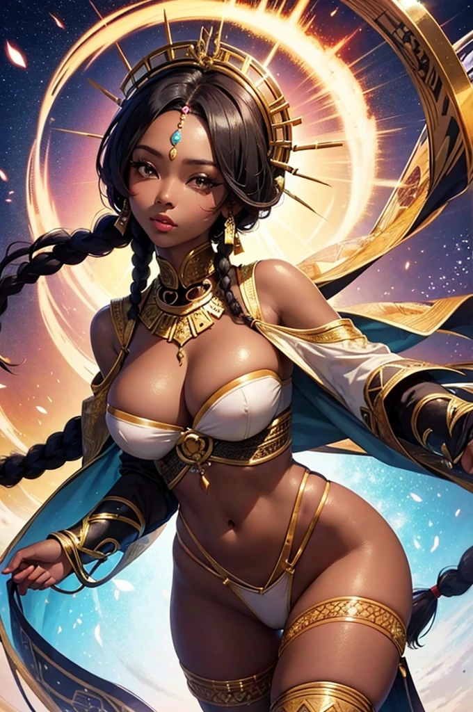 Beautiful lady who is Half African and half Japanese. Dark skin. Asian facial features. thick long hair in African braids. Wearing colorful Laplander outfit. ultra-thin-waist, ultra-wide-hips, large breasts.
