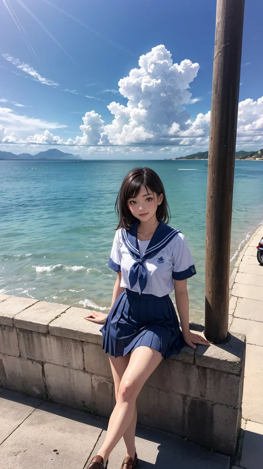 ((最high quality, 8K, masterpiece: 1.3, Ultra HD, high quality, 最high quality, High resolution, realism)) 、An extremely beautiful 18-year-old Japanese woman、Hair color is light brown、black eye、medium hair、straight hair、smile、Slender but well-proportioned muscular body、Athlete-like body type、I don't want my head to disappear from the screen.、sit on a high breakwater on the beach、The blue sky is beautiful、There is an entrance cloud、It's summer、I'm wearing a sailor suit、Wear a navy blue pleated skirt、wear loafers、There is a road in front of the breakwater、There is a sign indicating the bus stop.、The sea is beautiful、The horizon looks beautiful、An island can be seen off the coast