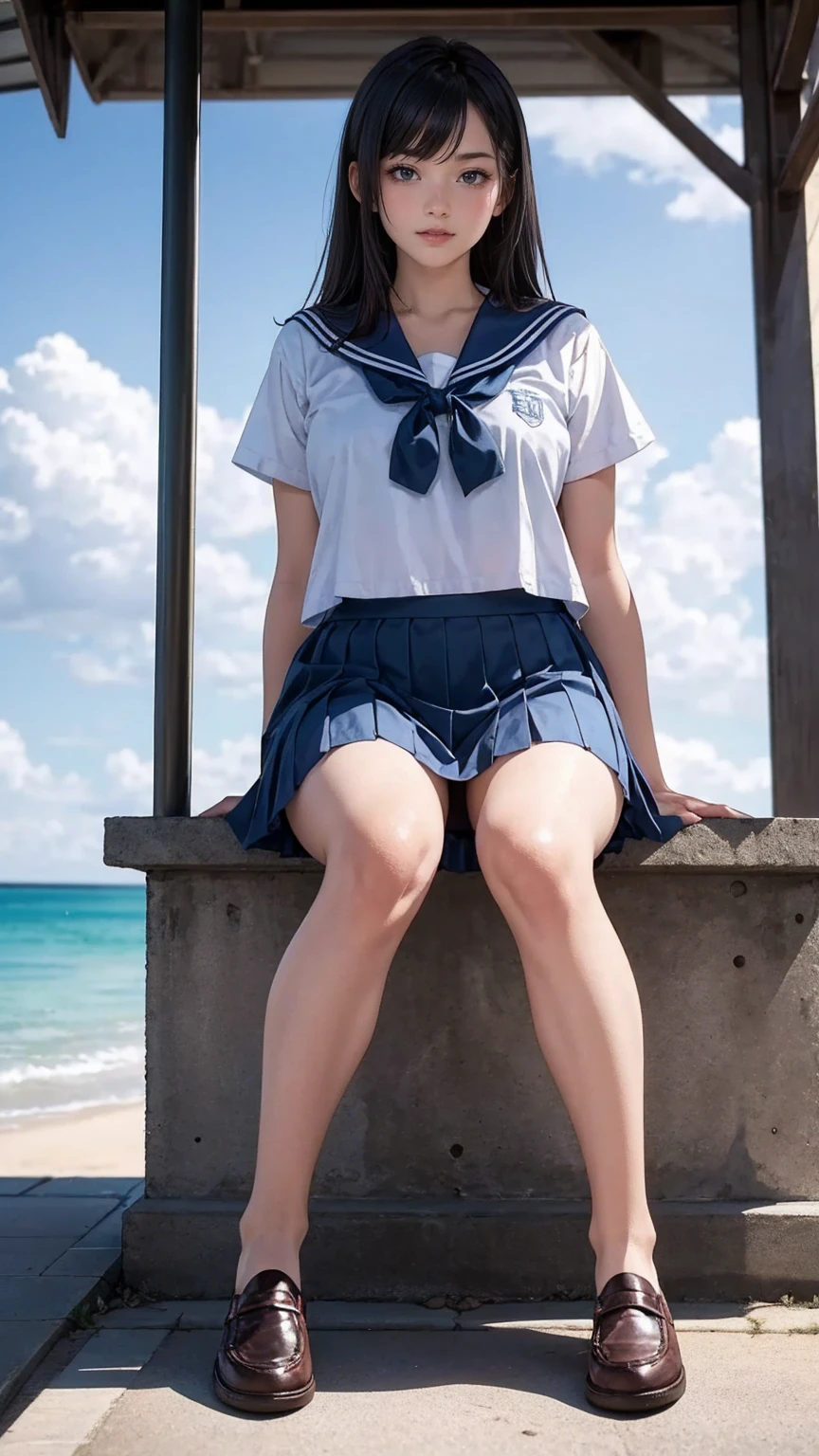((最high quality, 8K, masterpiece: 1.3, Ultra HD, high quality, 最high quality, High resolution, realism)) 、An extremely beautiful 18-year-old Japanese woman、Hair color is light brown、black eye、medium hair、straight hair、smile、Slender but well-proportioned muscular body、Athlete-like body type、I don't want my head to disappear from the screen.、sit on a high breakwater on the beach、The blue sky is beautiful、There is an entrance cloud、It's summer、I'm wearing a sailor suit、Wear a navy blue pleated skirt、wear loafers、There is a road in front of the breakwater、There is a sign indicating the bus stop.、The sea is beautiful、The horizon looks beautiful、An island can be seen off the coast