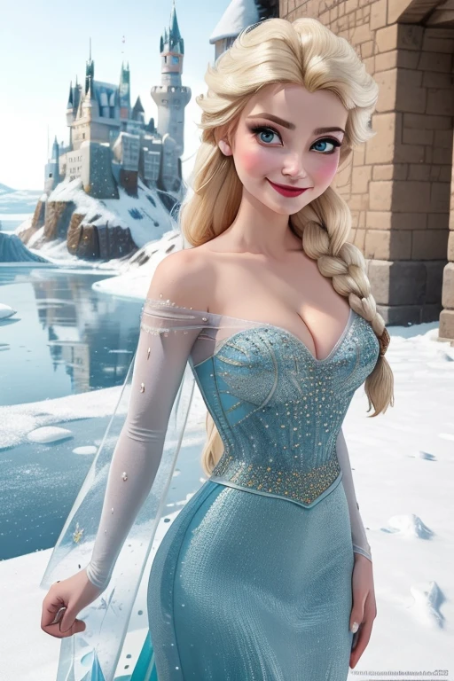 (masterpiece, best quality:1.2), Elsa, 1girl, solo, looking at viewer, blue dress, from frozen, cleavage, long white hair, blue skirt, blue eyes, sexy smirk, frozen castle, 