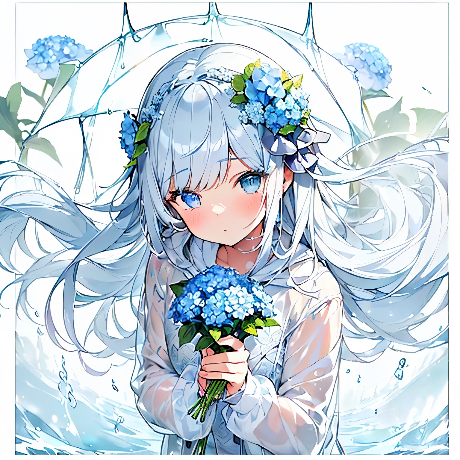 Best quality、photorealistic、super detail、delicate、orderly、high detail、bluish silver ponytail、(droopy iris of heterochromia,glowing eyes:1.3)、slender、(1 girl:1.2)、(beauty of nature、Blue hydrangea、Girl wearing a rain parka、get wet、Round hydrangea frame、white background、dynamic angle、:1.3)、