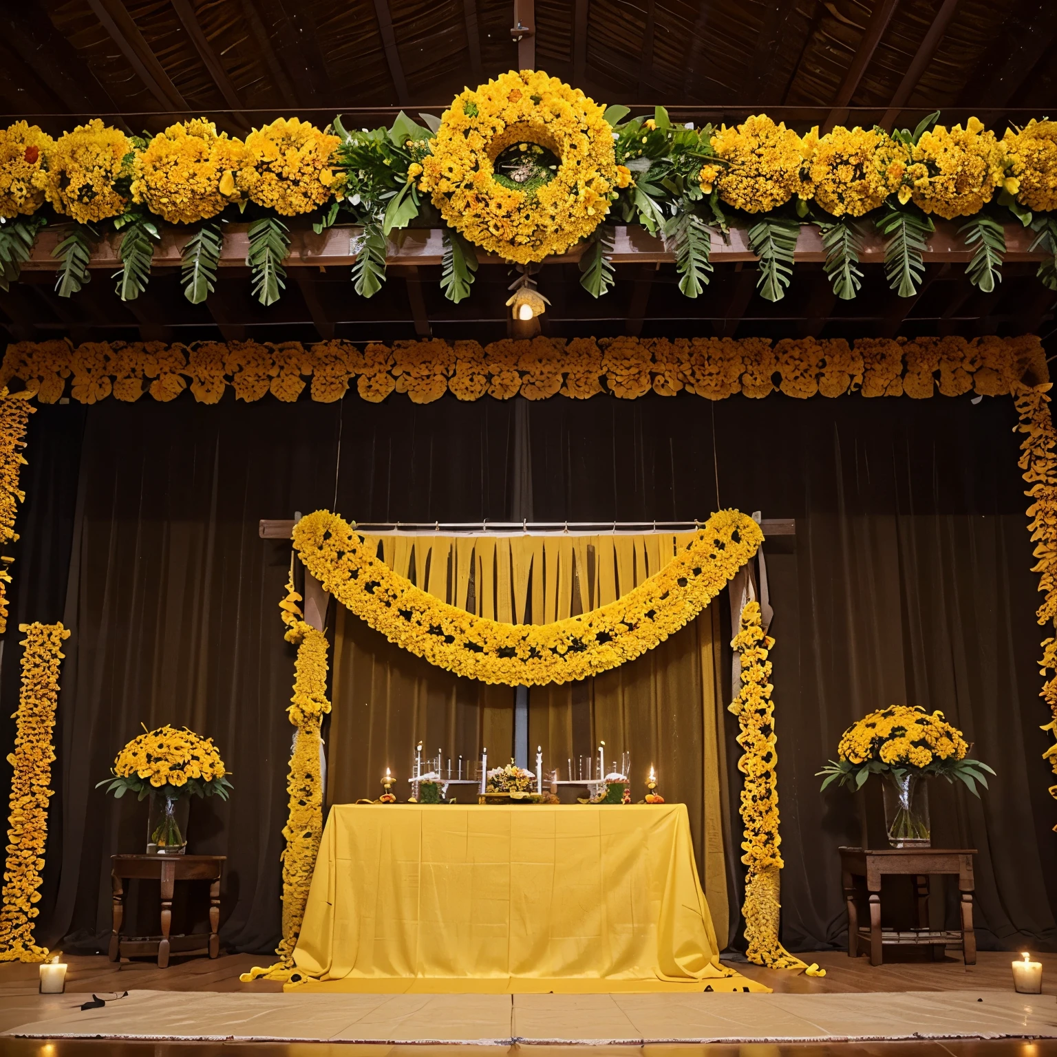 Decoration ideas by banana leaf backdrop with marigold flowers garlands and some decoration flowers need to be hanging on the top . Decoration need to be simple and elegant