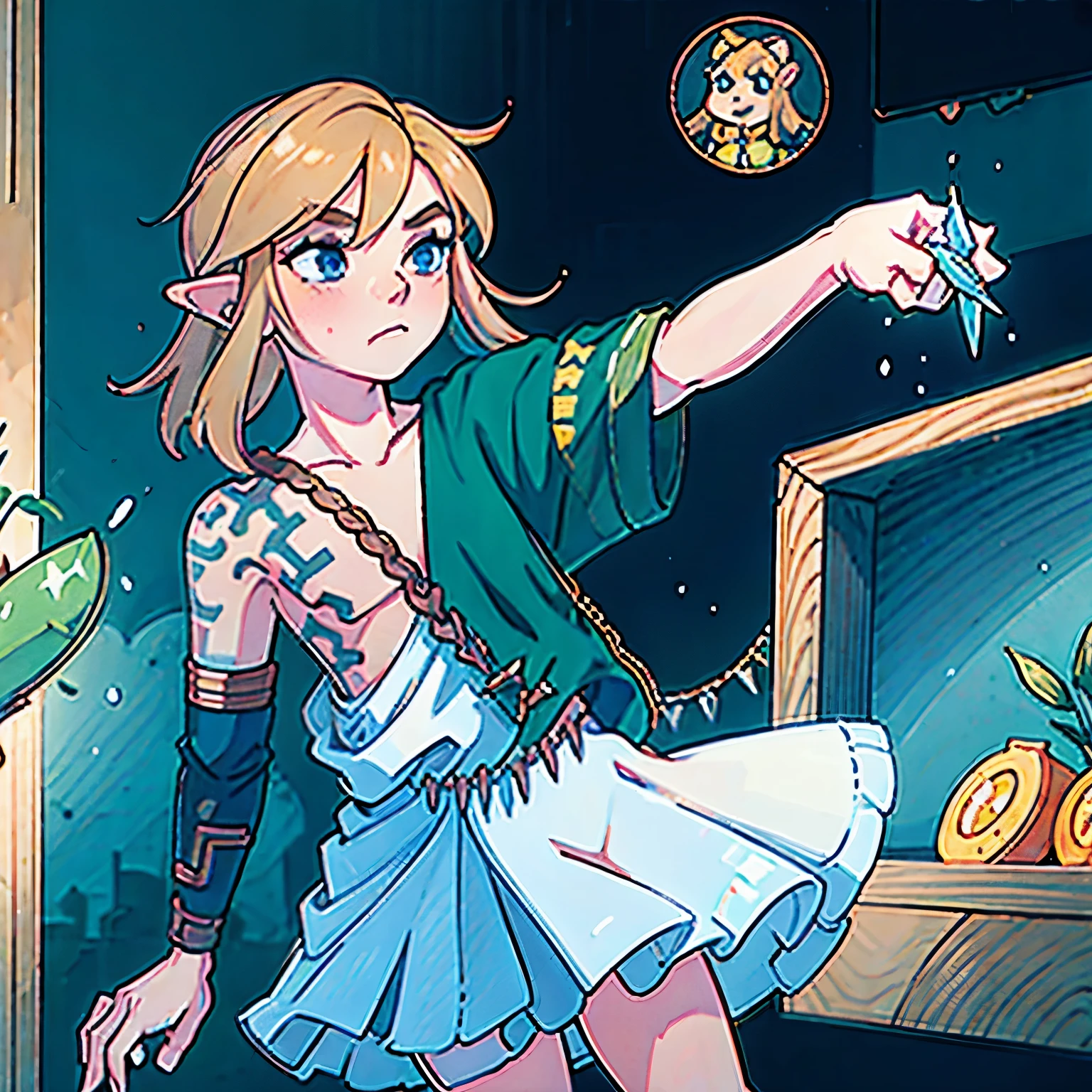 link, agachado, segurando um cigarro, obra de arte,melhor qualidade,anime, roswaal mansion Housekeeper uniform, Sozinho, Housekeeper, olhos azuis cianos, cabelo curto,arco hairband, mangas destacadas, olhando para o espectador, arco,red fita, mangas pretas, janela, mangas compridas, avental, white arco, babados,fita trim