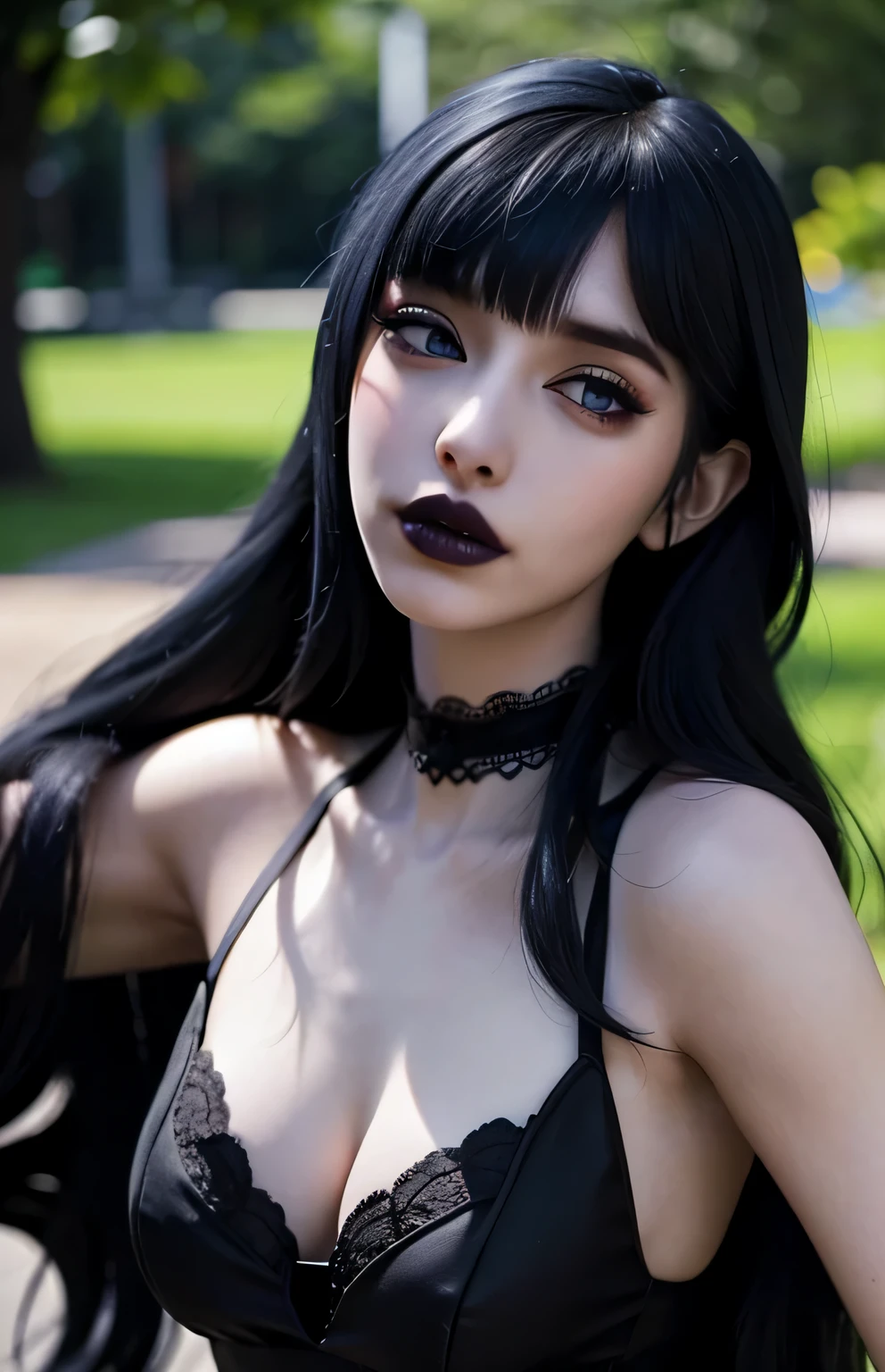 at a park, closed mouth ,Best quality, masterpiece, ultra high res, close up of the face, looking directly in the camera, (photorealistic:1.4), 1girl, offshoulder, deep shadow, shiny skin,, masterpiece, (photorealistic:1.4), best quality, backlighting,pale skin, detailed shiny skin, looking at viewer, closed mouth, pale skin, detailed black lipstick, black hair, blue eyes, blue eyeshadow, detailed black lipstick, black lips, black fingernails, pale skin, depth of field, 5 fingers, black tight goth dress, blank background, closed mouth