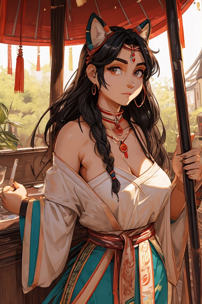 Beautiful lady who is Half African and half Japanese. Dark skin. Asian facial features. thick long hair in African braids. Wearing colorful Laplander outfit. ultra-thin-waist, ultra-wide-hips, large breasts.
