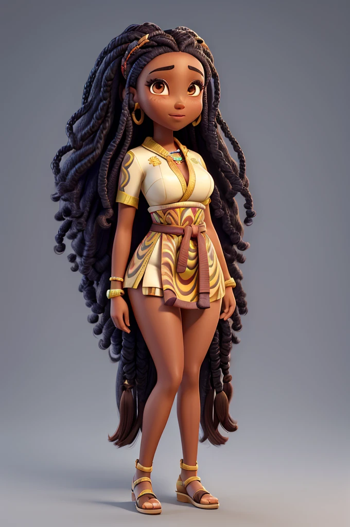 Beautiful lady who is Half African and half Japanese. Dark skin. Asian facial features. thick long hair in African braids. Wearing colorful Laplander outfit. ultra-thin-waist, ultra-wide-hips, large breasts.