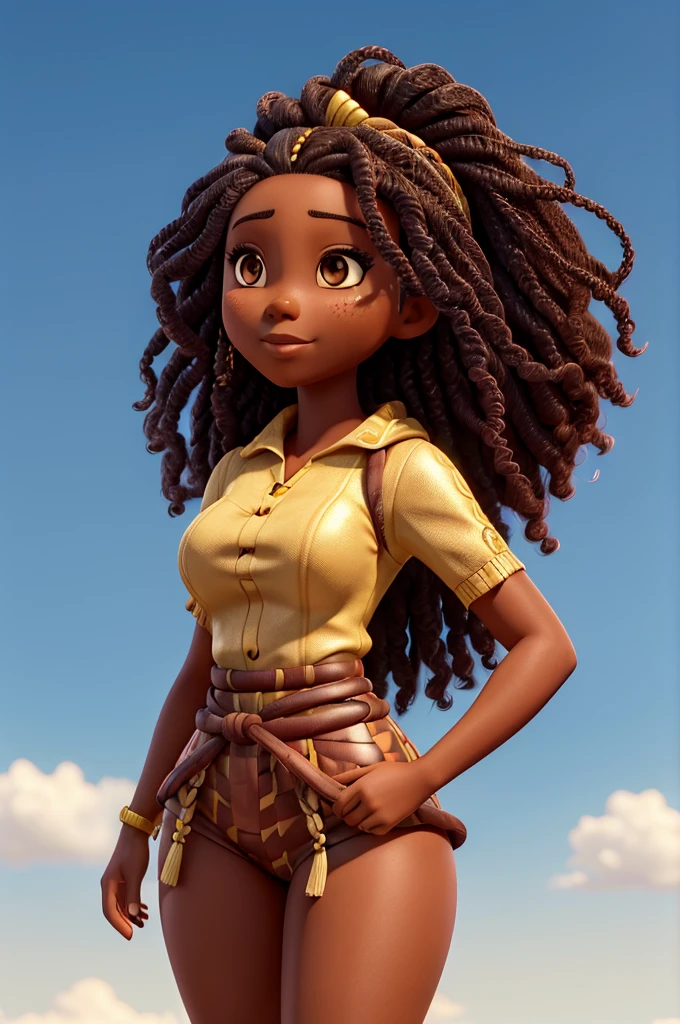 Beautiful lady who is Half African and half Japanese. Dark skin. Asian facial features. thick long hair in African braids. Wearing colorful Laplander outfit. ultra-thin-waist, ultra-wide-hips, large breasts.